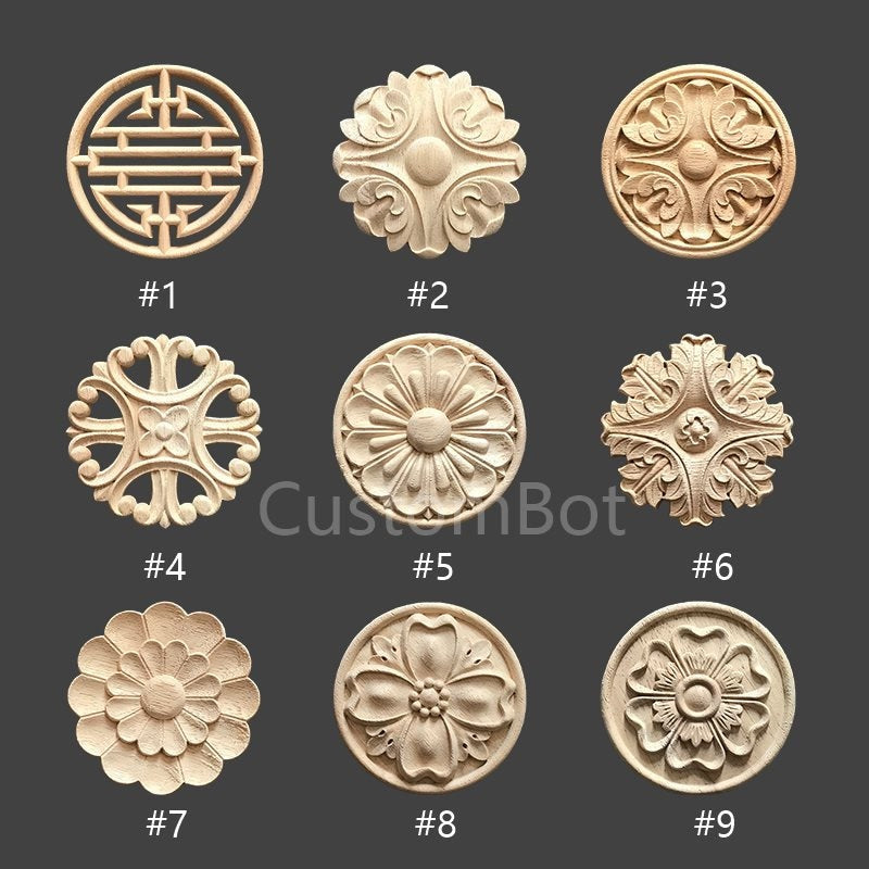 4cm to 30cm, Round Applique Onlay, 1pc, Unpainted Wood Carved Home Embellishments, Furniture Carving Apliques Supplies MD011
