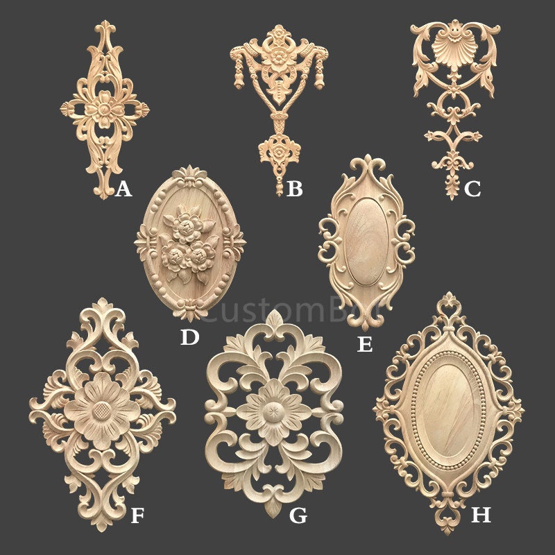 Height 19cm to 48cm Unpainted Wood Carved Applique Onlay, 1pc, Home Wall Embellishments, European style Furniture & Wall art decal, MD012