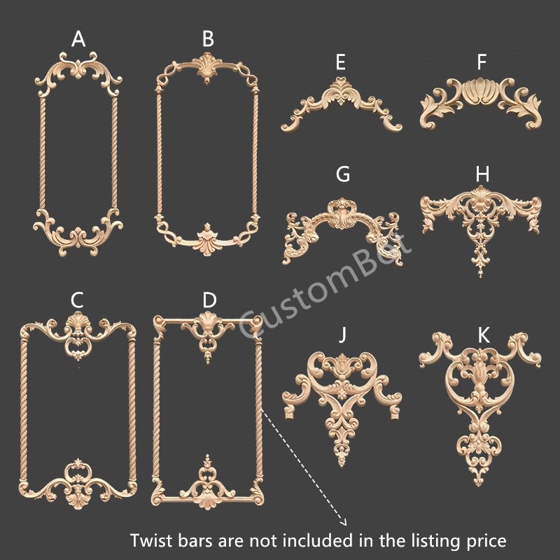 Unpainted Wood Carved Applique Onlay, Single Top or Set with 4pcs L60cm(or equivalent total) Twisted Bars, Home Wall Decal, MD014