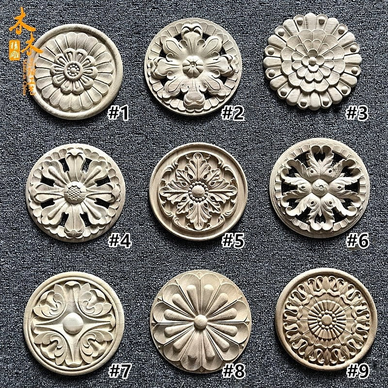 10cm to 24cm Dia. Round Applique Onlay, 1pc , Unpainted Wood Carved Home Embellishments, Furniture Carving Apliques Supplies MD030