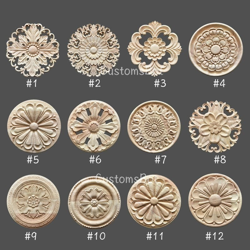 Dia. 6cm to 22cm Round Applique Onlay, 1pc, Unpainted Wood Carved Home Embellishments, Furniture Carving Apliques Supplies MD049