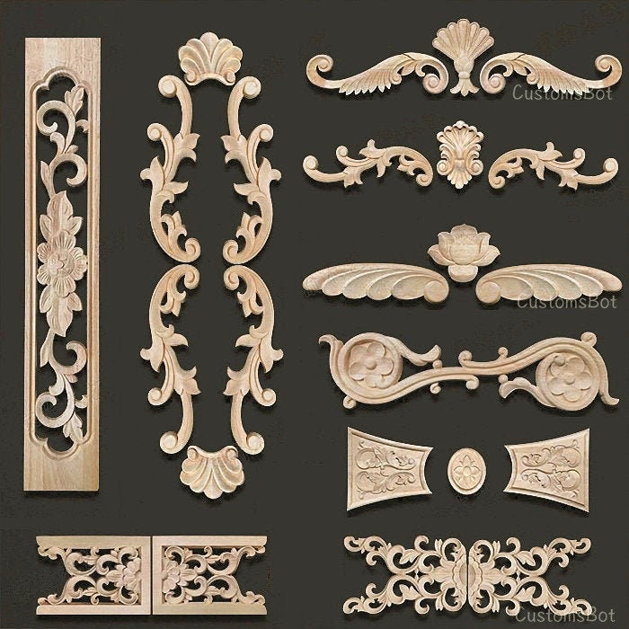 Unpainted Wood Carved Applique Onlay, Thickness About 0.7-1.4cm, Shabby Chic Store Wall & Cabinet Sculpture Mould Design, MD120