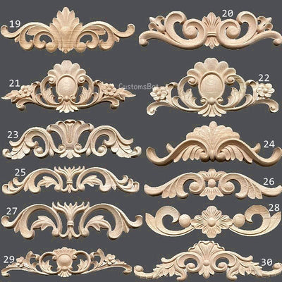 15cm to 45cm Unpainted Wood Carved Applique Onlay, 1pc, Home Cabinet Wall Embellishments, Horizontal Style Appliques, MD063C