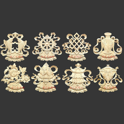 24cm/30cm Set of 8 Auspicious Eight Treasures Round Applique Onlay, Carved Tibetan Unpainted Wood Carved Home Embellishments, MD077