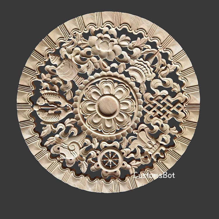 80cm Round Wood Carved Ceiling Lamp Base Panel Applique Onlay, 1pc, Tibetan Eight Auspicious Wall Relief Embellishments, MD076