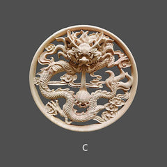 Dragon Dia. 5"- 20" (12-50cm) Unpainted Wood Carved Round Applique Onlay, 1pc, Home Wall Embellishments, European style decal, MD083A