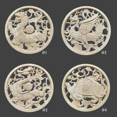 Four Symbols Si Xiang Unpainted Wood Carved Round Applique Onlay, 1pc, Dia. 8