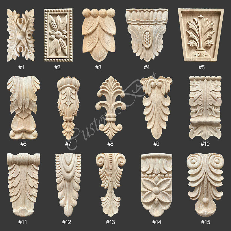 Unpainted Wood Carved Applique Onlay, Back Flat, 1pc, Shabby Chic FURNITURE APPLIQUES, Roman Column Corbel Fireplace Cupboard Decal, MD089