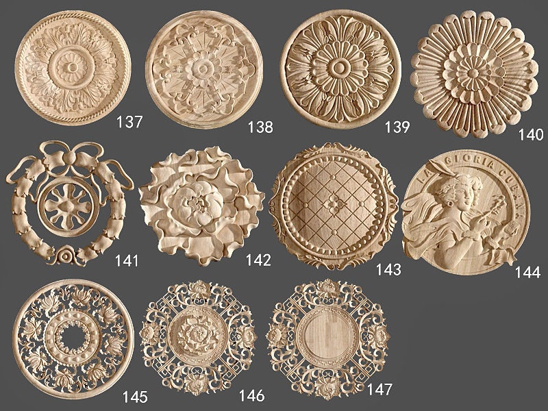 Custom Unpainted Wood Carved Round Applique Onlay, 1pc, Flat Back, Thickness 10mm to 20mm as Different Size, MD087