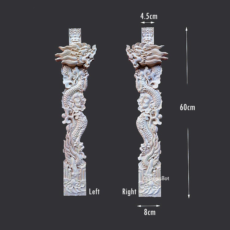 Unpainted Wood Dragon Pillar Altar Pilaster Applique, Wooden Carved Baluster Onlay Embellishment, MD093