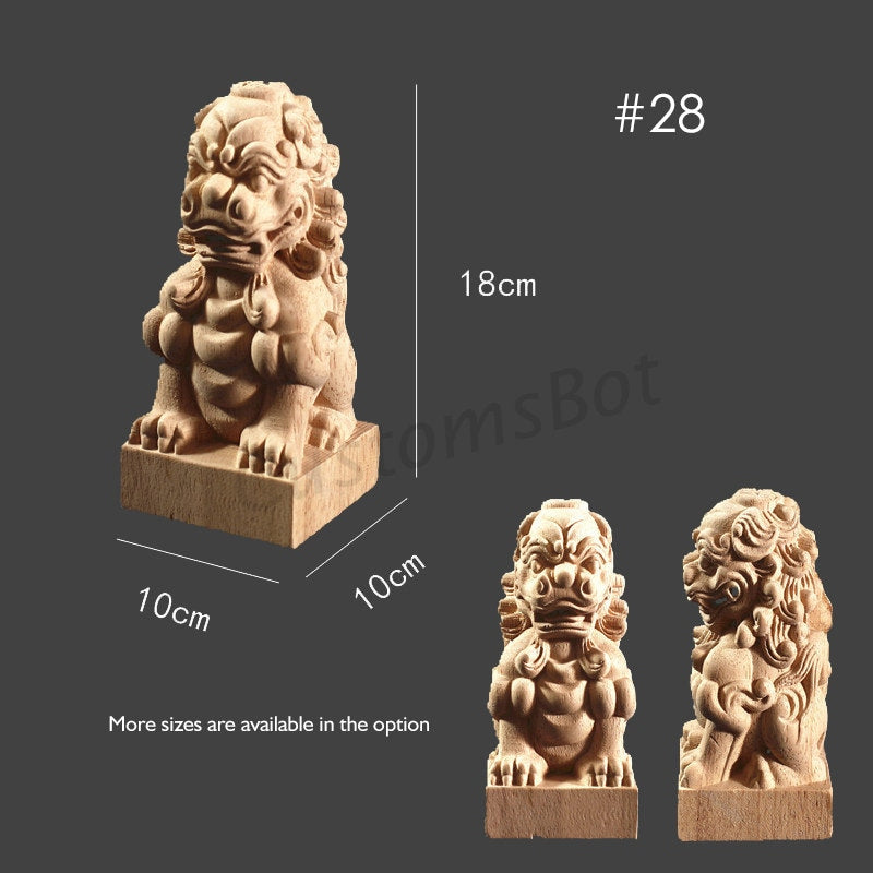 Unfinished Decorative Carved Staircases Newel Post Cap, Screw Included, Solid Wood Cornices Finial, Chinese Lion, MD094A