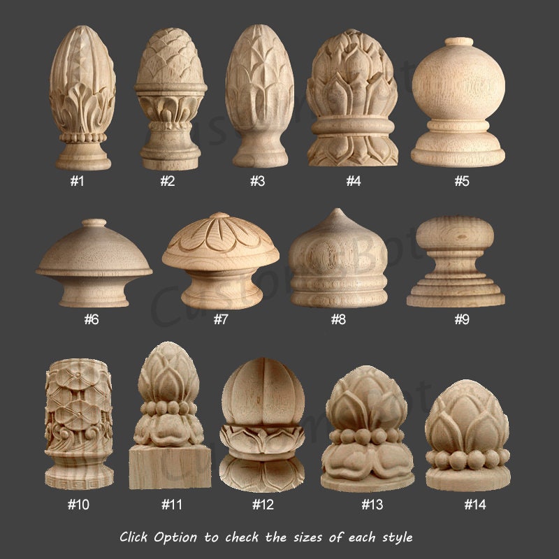 Unfinished Decorative Carved Staircases Newel Post Cap, Screw Included, Solid Wood CornicesFinial, 3D Carved Wood Ornamentation, MD124
